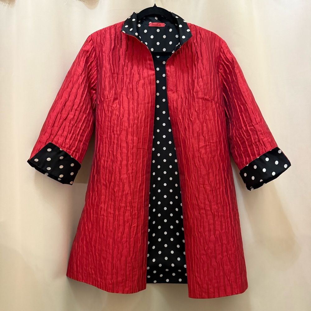 Saint Gil Paris Reversible Duster Coat Red Black Polka Dot Art Teacher Jacket